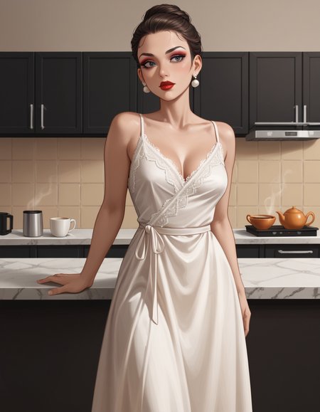 play-doh style score_9, score_8_up, score_7_up, score_6_up, score_5_up, score_4_up, hud_s1lk_ngwn, 1girl, makeup, lipstick, solo, Pearl-white strands fashioned into an elegant updo.,  sleeveless white dress, lace trim, breasts, <lora:hud_s1lk_ngwn_XLP:0.7> , A vibrant, contemporary coffee shop, filled with a variety of modern coffee brews and a bright, cozy design . sculpture, clay art, centered composition, Claymation