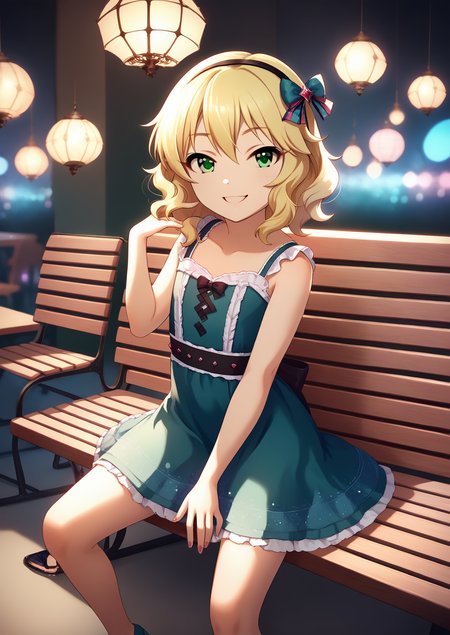<lora:Anime Style 2 SDXL_LoRA_Pony Diffusion V6 XL:0.5>, score_9, score_8_up, score_7_up, source_anime, (masterpiece, best quality:1.2), extremely detailed, soft ambient lighting, sharp focus, 4K, BREAK <lora:SakuraiMomoka_pony_v1:1> skrimmk, 1girl, solo, short hair, blonde hair, wavy hair, hairband, hair bow, bangs, hair between eyes, green eyes, flat chest,  red cute dress, idol dress, BREAK looking at viewer, smiling, happy, sitting on bench,