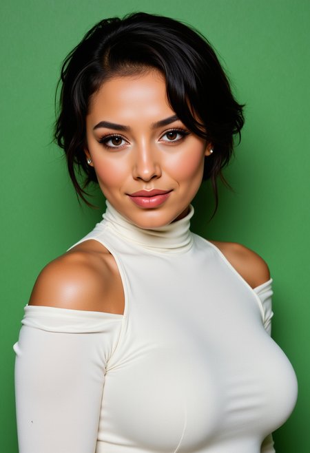 Headshots,masterpiece, a beautiful woman,Hyperrealistic, she is smiling, dynamic angles, multiple angles, photoshoot poses; A photo of Brunette 10, a woman with short hair, she has massive breasts, a beautiful girl,she is wearing a white turtleneck sweater.she has massive breasts, she has piercing eyes. a dynamic pose and a sense of action. simple green background, and the lighting is soft, creating a dramatic effect, creating a focused and dynamic pose.; the scene is set in a beautiful well-lit environment, with a sense of action and adventure. Style: realistic hyper-detailed rendering, 32k UHD, expressive eyes, punk, graphic design, girl's face, pretty and cute, gleaming lips, telling a tale of adventure. Exuding confidence and serenity. The overall mood of the image is happy and relaxed, detailed skin texture,(blush:0.2),(goosebumps:0.3), subsurface scattering,with a playful and whimsical tone,aidmafluxpro1.1, perfection style,