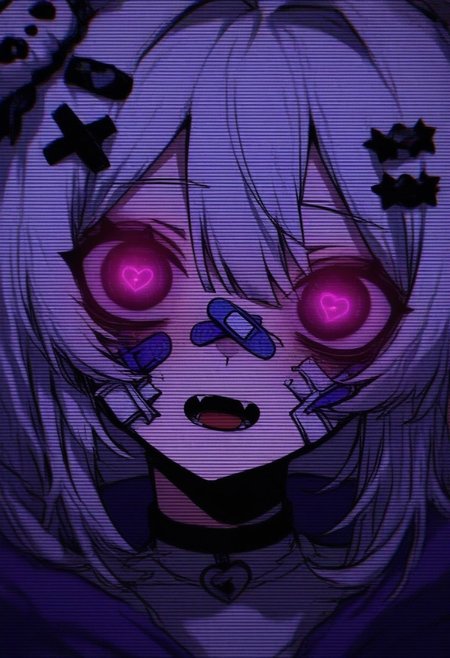 GLTST, Glitch, , 1girl, solo, heart, purple eyes, hair ornament, white hair, open mouth, looking at viewer, fangs, bangs, symbol-shaped pupils, bandaid