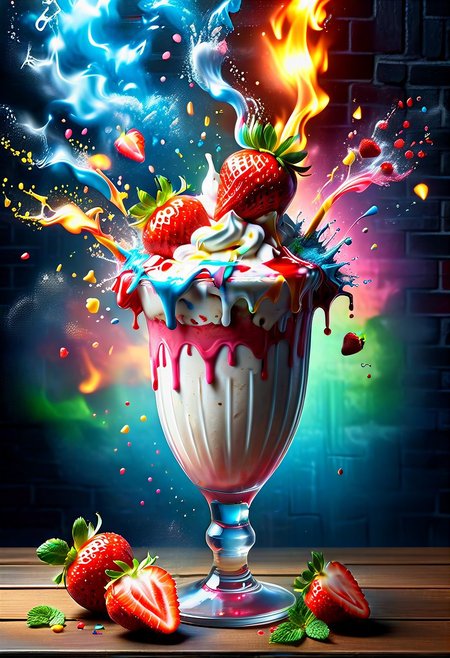 A luscious and mouthwatering digital illustration of a vanilla milkshake, with fresh strawberries cascading into the creamy concoction in a delightful explosion of flavor and texture. The image captures the essence of indulgence and delight, with a hyper-realistic rendering that makes the viewer feel as if they could reach out and take a sip. The artist has skillfully captured the delicate balance of light and shadow, as well as the intricate details of the milkshake's texture and the strawberries' delicate seeds, 
a waterfall of liquid chocolate in the frappe ,
The overall composition is inspired by the work of renowned artists such as Alexander Kucharsky, Derek Zabrocki, and Igor Morski, with a focus on creating a stunning and immersive visual experience that celebrates the beauty and pleasure of food and drink.
background of a London style brick wall, with neon lights and signs, relaxed environment, flaming lights, glowing