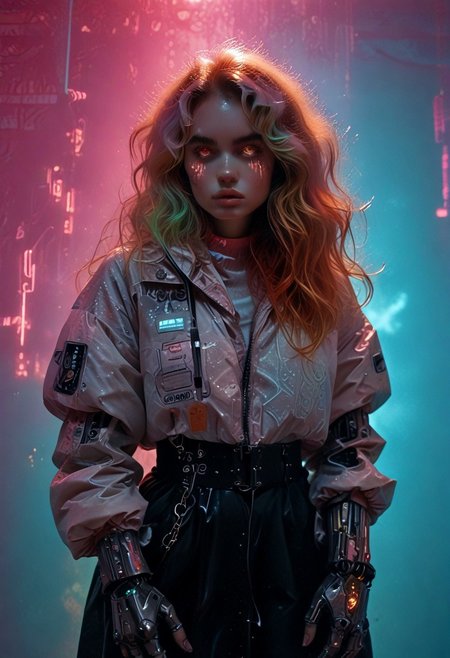 score_7_up, (score_9:1.1), (ugly:0.9),(pretty:1.4),1woman, adult, realistic, realism, hyper realistic, sparkling hair, floaty hair, wavy hair, (soft light coloured hair:1.3), (red iris, glowing iris, neon white pupils:1.3), looking at viewer, big hair, huge afro, zero gravity hair, detailed, perfect, perfection, hands, big scar across face,
BREAK,
((extra_puffy_jacket, black skirt, glossy lips, shiny skin)), full lips, hands behind back, (upper body:1.9),  blocky shape cybernetics, cybernetics, cybernetic skin, raised eyebrow, pale skin, ((snub nose:1.4)), breasts, (prominent abs:1.1), focus upper body,  sweating, 
BREAK,
(neon background, future slums, neon, cybernetic background, mist:1.3),(cybernetic mechanical arm, prosthesis:1.3),