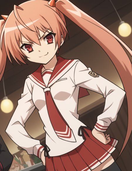 score_9, score_8_up, score_7_up, source_anime, <lora:aria-holmes-kanzaki-s1-ponyxl-lora-nochekaiser:1>, aria holmes kanzaki, long hair, red eyes, twintails, pink hair,, skirt, thighhighs, school uniform, serafuku, zettai ryouiki, white shirt, long sleeves, red sailor collar, necktie, red necktie, red skirt, pleated skirt,, restaurant, laughter, good food, warm lighting, celebration, , smug, hands on hips,, looking at viewer, solo,, dutch angle, cowboy shot