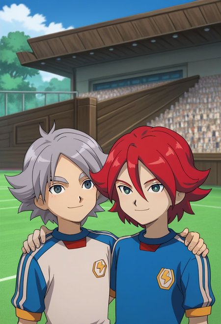 score_9, score_8_up, score_7_up, source_anime, highly detailed, skinny, slender, 2boys,
hiroto2, 1boy, soccer uniform, sportswear, red hair, upper body, tracksuit, smile, BREAK 
fubuki2, 1boy, soccer uniform, sportswear, smile, raimon soccer uniform, raimon, grey hair,
standing, hand on shoulder,