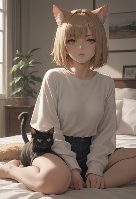 score_8_up, score_7_up, source_anime, 1girl, catgirl, cat ears, :3, indoors, cat, fluffy
