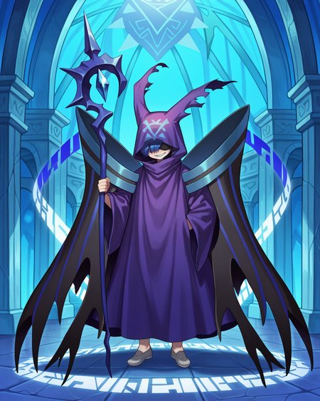 amazing quality, absurd, newest, detailed eyes, <lora:noobai_vpred_1_masterpieces_v23:0.8> , masterpiece, best quality, very aesthetic, detailed background,  looking at viewer,  <lora:HectorIL:0.9> , hecdef, 1boy, blue hair, hair over eyes, blindfold, hood up, animal ear hood, crest, robe, black wings, blue stripes, grey shoes, runes, holding staff, blue staff, evil grin, interior, sanctuary, evil temple, ominous,