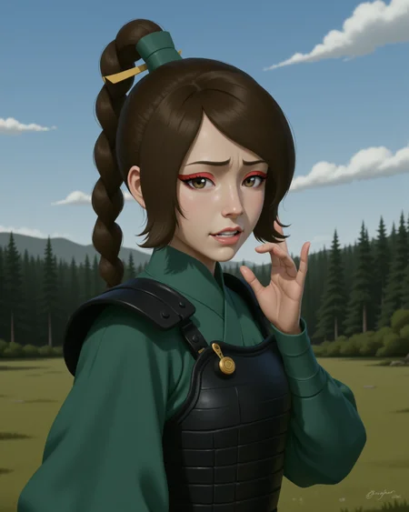 Semi-Realistic digital illustration Style in a wide shot. Looking at viewer, outdoors in daylight, 18 year old woman, Bored with half-lidded eyes, a slack expression, and a sigh of disinterest.
 <lora:AirBender_-_Ty_Lee_v2-000040:1> ab-tylee, brown hair and gray-brown eyes, ponytail
black japanese armor, kyoshi white face makeup, long sleeves, green dress, golden pin through hair