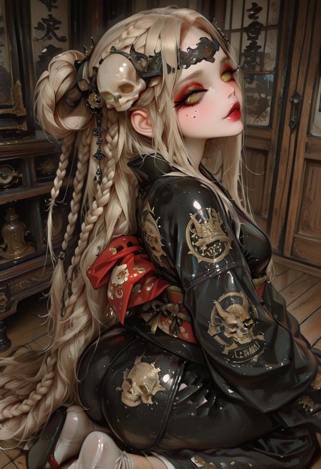 1boy, masterpiece, best quality, very aesthetic, absurdres,artist:moriimee,usnr BREAK ,ccmiquella,miquella \(elden ring\) , blonde hair,very long hair,absurdly long hair,half up braid,multiple braids,yellow eyes,glowing eyes,colored eyelashes,long eyelashes,hair flowing over , skull hair ornament,breasts view from behind, from behind, breasts,from above, (leather:1.2), intricate leather kimono, leather kimono, leather geisha, young Japanese tradition hairstyle, haft length leather kimono Sakura print, sleeves past fingers, kanzashi, hair ornament, tabi, socks, okobo, platform footwear, (white skin:1.2), (lipstick, red lips, red eyeshadow, geisha makeup), Japanese house, wooden floor, tatami, [from side], sitting, [kneeling], (seiza), (glossy leather clothing, glittering leather fabric),