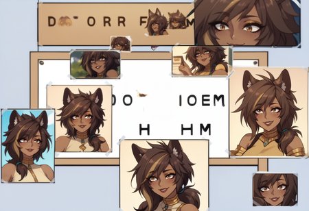 score_9, score_8_up, score_7_up, score_6_up BREAK photo (object), english text, multiple views, poster,difh,cropped,tape,hyemayeso, dark-skinned female, wolf girl, animal ears, freckles, multicolored tail, makeup, gold eyeliner,large breasts,wolf tail, multicolored eyes, multicolored hair, streaked hair, medium hair, smile,low ponytail  <lora:HyenaMayesoPDXL_V1-Manityro-CAME:1> <lora:DIFH:1.2>