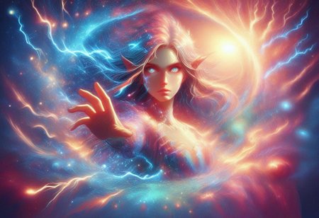 score_9, score_8_up, score_8, (James Jean Style page:1.3), wide shot, 1girl, (dynamic pose:1.3), three quarter view, head turned looking at viewer beautiful, elven, petite, ethereal, (fantasy:1.3), elf ears, (azure blue eyes:1.3), (EyesHD:1.2), bright eyes, slight smile, (long lightning hair:1.4), ethereal hair, genderless, (small waist), silver gothic jewelry, portal, arm reaching through portal, (made of golden and blue and red and yellow and purple lightning thunder trails:1.2), lthndrtrl, ((astral projection:1.3)), (space:1.4), distant stars, dark background, detailed background, fantasy motif, colorful bokeh, astral theme, (asymmetry:1.5), (WOWST:1.3)