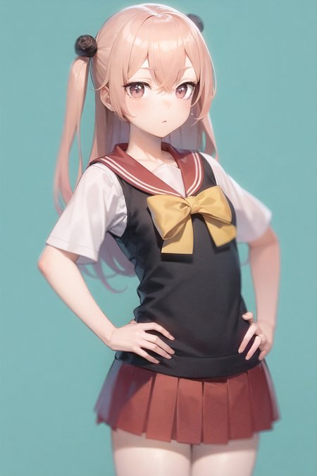 inui sajuna, red sailor collar, vest, hands on hips, skirt, 
<lora:sono-bisque_v4.0b:1>, masterpiece, best quality, highly detailed