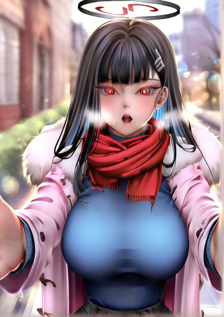 <lora:bearwitch:1.2>,1girl, rio (blue archive), detailed background, huge breasts, wide hips, :o, alternate costume, black hair, blue sweater, blurry, blurry background, bokeh, breath, bright pupils, casual, coat, depth of field, duffel coat, foreshortening, fur-trimmed coat, fur trim, halo, looking at viewer, meme, outdoors, pov cheek warming (meme), reaching, reaching towards viewer, red eyes, red scarf, scarf, single sidelock, solo, sweater, upper body, white pupils, 
very awa, masterpiece, best quality, highres, absurdes,amazing quality