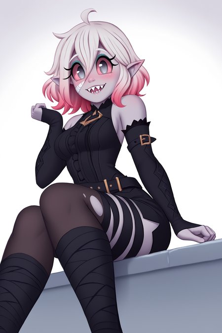 score_9, score_8_up, score_7_up, score_6_up, BREAK, BriarLoLXLv2, grey skin, colored skin, no pupils, grey eyes, pink sclera, white hair, pink hair, two-tone hair, gradient hair, short hair, hair between eyes, ahoge, pointy ears, sharp teeth, medium breasts, bare shoulders, black thight dress, detached sleeves, black bandaged sleeves, black shorts, belt, (black bandaged legwear), toeless legwear, sitting, ((bellow view)), looking at viewer, seductive smile, naughty face, nose blush, white background, simple background  <lora:BriarLoLXLv2:0.8>,  SaymanStylePXL <lora:SaymanStylePXL:1>