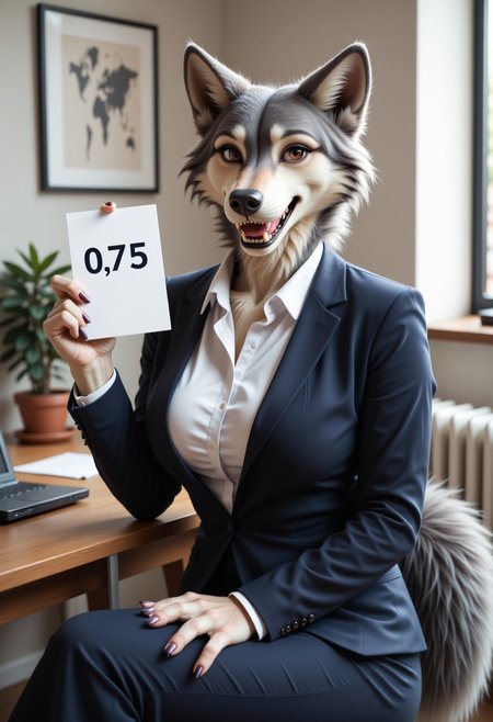 A beautiful, slender, mature furry female wolf woman is wearing a business suit. She is sitting in an office, next to her laptop. She is looking at the viewer happily with an open mouth exposing her fangs. She has a wolf tail and paws. She is holding up a sign that says "0.75"