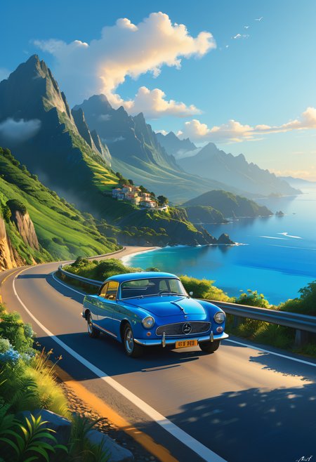 A cerulean blue car cruising along the winding coast road, sea on the left mirroring the sky, rugged mountains rising on the right, under a cloudless azure sky, surrounding landscape lush with greenery, golden sunlight bathing the entire scene, digital painting, ultra clear, realistic, with dramatic lighting.