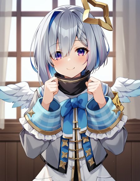 score_9, score_8_up, score_7_up, score_6_up, score_5_up, score_4_up, source_anime, anime screencap,  BREAK 1girl, solo, upper body, indoors,
<lora:Amane_Kanata_Pony:1> amane_kanata, kanata_default, star halo, multicolored hair, short hair, blue hair, grey hair, streaked hair, bangs, hair over one eye, purple eyes, flat chest, long sleeves, grey jacket, armband, angel wings, turtleneck dress,