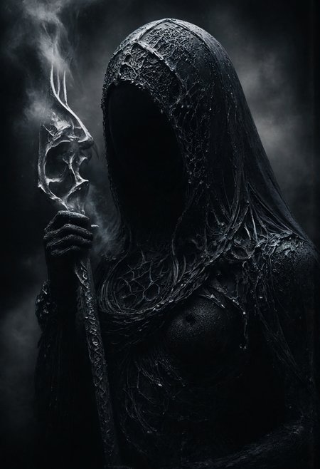 highly detailed image of the Grim Reaper. He should be wearing a black to gray hooded cloak, with the hood casting deep shadows that obscure his face. ornate. The cloak should be richly decorated with intricate patterns and symbols, adding a sense of ancient and otherworldly significance. Additionally, the Grim Reaper should be adorned with numerous thick chains, draped around his neck, shoulders, and waist, enhancing his imposing and eerie presence. He should be partially shrouded in a cloud of smoke, with tendrils of mist curling around him, intensifying the dark and mysterious atmosphere. In his hand, he holds an extravagant scythe with an intricately designed blade and handle, making it a striking and formidable weapon. The background should feature an old castle, its ancient walls and towers adding to the ominous and gothic setting. sharp focus, hyperdetailed photography, masterpiece, best quality, high quality, highres, ultra-detailed, best quality, 8K, high resolution, extreme detail, (outstanding composition:1.4) <lora:flux_vividizer.safetensors:1.0>,  <lora:aidmaImageUpgrader-FLUX-V0.1.safetensors:1.0>, detailmaximizer <lora:Dever_Flux_Enhancer.safetensors:0.5>,  <lora:flux_vividizer.safetensors:1.0>,  <lora:- Flux1 - vanta_black_V1.0.safetensors:1.0>,
