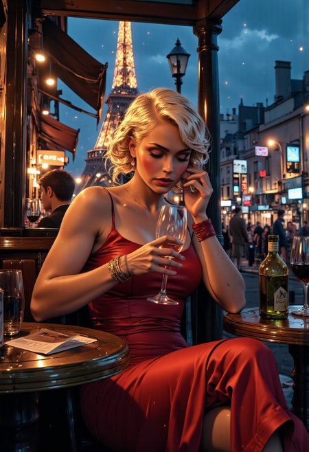 natural skin, A close-up, stylized portrait of a young woman sitting alone in a dimly lit 1980s night café, exhausted and with a worn, sorrowful expression. She holds a glass of wine, her hands trembling slightly, as tears roll down her cheeks. Her appearance resembles Marilyn Monroe, with soft, platinum blonde curls, bold burgundy lips, and a striking red dress that contrasts with her pale, distressed face. Behind her, a large window reveals a nighttime Paris street scene: the Eiffel Tower in the distance, softly illuminated, with people walking by under warm, glowing streetlights. The café has a nostalgic, retro ambiance, with muted neon lights casting a gentle glow across her face, and subtle reflections in the window add depth to the atmosphere. The overall color palette is a blend of deep reds, soft blues, and warm yellows, capturing a somber yet timeless mood. The lighting is dramatic. The image is styled with a muted color palette, The image has a slightly desaturated, moody aesthetic, with soft lighting. The overall aesthetic is ethereal and slightly melancholic yet intimate, reminiscent of fine art photography. High detail, cinematic lighting. (cinematic, film grain:1.1), The style is reminiscent of Japanese fashion photography. soft natural lighting, intricate details, detailed, high quality, 8k, style of Light painting, aidmaglow, Expressiveh, deep plunge dress,