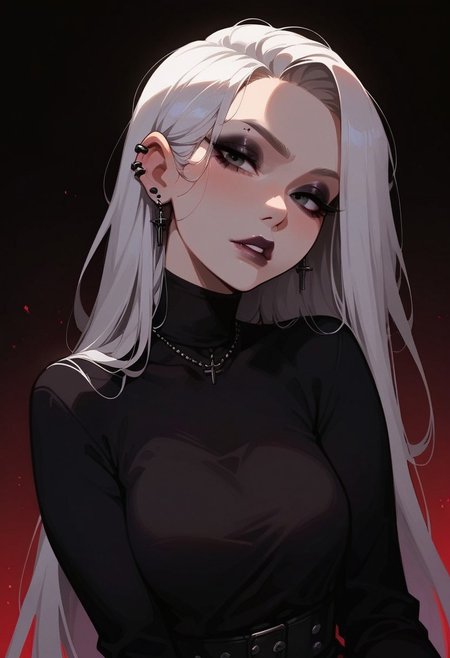 score_9, score_8_up, score_7_up, score_6_up, pretty woman, 21 year old, 1girl, very pale skin, white skin, goth girl, emo, eyeliner, eyeshadow, white hair, long hair, straight hair, black eyes, pretty face, long hair, pretty eyes, long sleeves, shirt, skirt, sexy pose