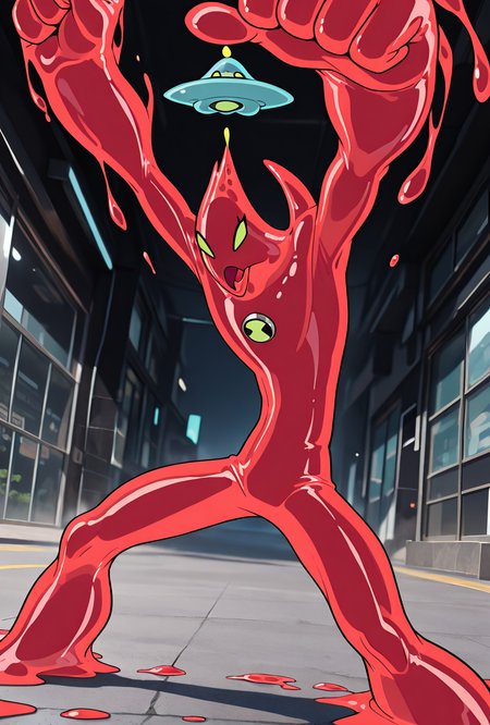 <lora:goop-09:1> goop, solo, no humans, male focus, red skin, pokemon (creature), slime (substance), translucent character, transparent skin, floating small  ufo on head, dynamic pose, stretchy limbs, red slime, massive hands, 
angry, stretching arms, large arms, long arms, pov, punch, open mouth, slime mouth, slime teeth, masterpiece, best quality, amazing quality, very aesthetic, absurdres, newest,