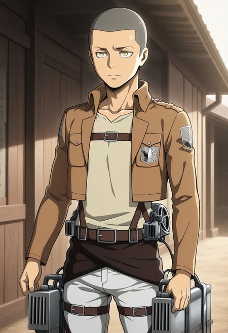 masterpiece, best quality, amazing quality, very aesthetic, absurdres, newest, detailed background, warm natural lighting, lively and bustling atmosphere, background details visible, shiny skin, outdoor,
1boy, ConSpretime, very short hair, buzz cut, yellow eyes, paradis military uniform (jacket, shirt, pants), emblem, three-dimensional maneuver gear, thigh strap