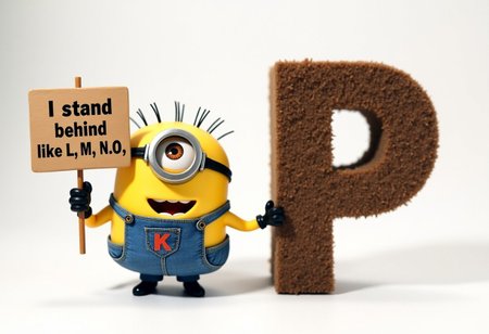 a minion with the letter "K"  in his denim holding a sign that says "I stand behind P like L, M, N O" standing next to a minion shaped like the letter "P"