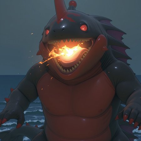 2d, Solo, male, cetacean, esca, marine, Alizarin, Monster, red skin, black skin, two tone skin, red eyes, single horn, red horn, spikes, red claws, toe claws, sharp teeth, tail spikes, membranous frill, tail, best quality, amazing quality, very aesthetic, absurdres, newest

BREAK upper body focus, outside, sea, fire breathing, open mouth, looking at viewer