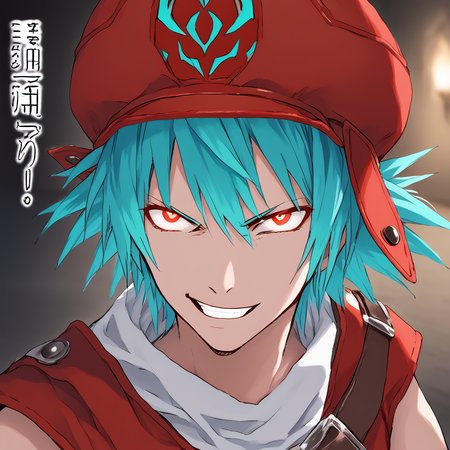<lora:.hack_kite:1> 1boy, turquoise hair, red outfit, hat
 <lora:JustAsPlannedMeme_pdxl_Incrs_v1:1> smile, grin, evil smile