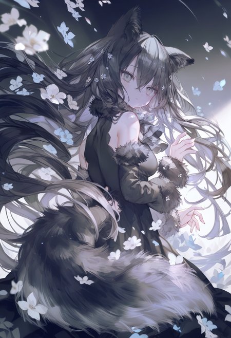 score_9, score_8_up, score_7_up, score_6_up <lora:oninekoXL_P6_lokr_V43P1:0.95>  1girl, animal ears, solo, long hair, flower, dress, detached sleeves, black dress, looking at viewer, tail, black hair, fur-trimmed sleeves, fur trim, grey eyes, bare shoulders, wolf ears, long sleeves, white flower, closed mouth, animal ear fluff, breasts, hair between eyes, hair ornament, very long hair, black sleeves, clothing cutout, wolf tail, hand up, looking back