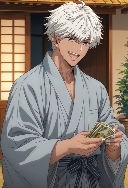 score_9, score_8_up, score_7_up, source_anime, rating_safe, cash, Mamobey, 1boy, male focus, anime screencap, grey yukata, wide smile, open mouth, holding money, white fingernails, simple coins background, greedy Japanese king,