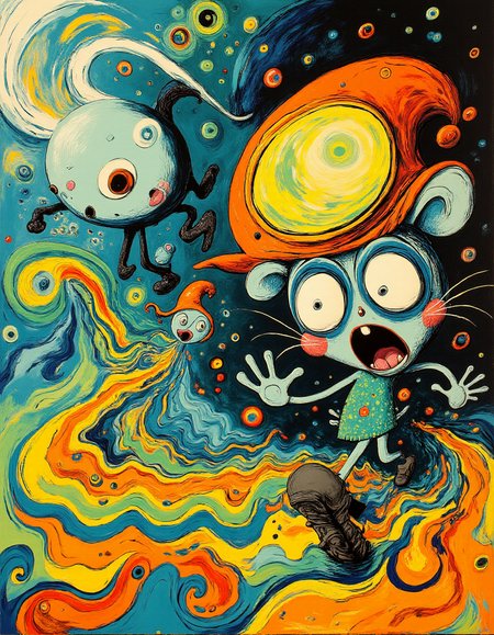 Expressionism Cartoons, a kybernetic panda in an intricate mad world doing grimaces while running away from a skating octopus with an orange sleepy-hat