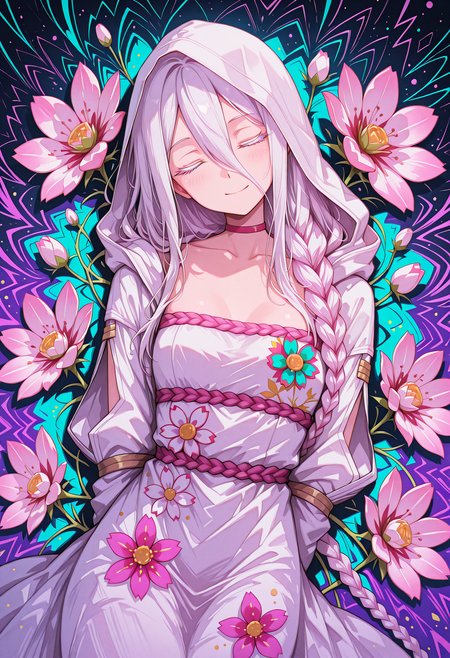 (glow:1.0), masterpiece, best quality, (very aesthetic:1.0), 1girl, solo, (Shiraori:1.0), slim, (petite), (perfect detailed closed eyes), perfect nose, (perfect detailed white eyelashes), perfect small breasts, simple white hood, white dress, (closed mouth, relaxed, wide smile:1.1), head tilt, blush, lying, hands behind back, flowers in hair, cherry blossom, breathtaking, perfect anatomy, cover, (close-up face, dutch angle, close-view, from above:1.0), no shadows, statueglow, jedsplu,jedsplu style ,colorful, (abstract colorful flower patterned background:1.3), (nose:-1),  <lora:IL\Z1Char\o\Shiraori>, <lora:IL\best\reij-detaILer>, <lora:IL\Z2Styles\Statue_Glow:0.3>, <lora:IL\best\Psylustrious-000002:0.5>, <lora:IL\Z2Styles\96YOTTEA_IL:0.7>