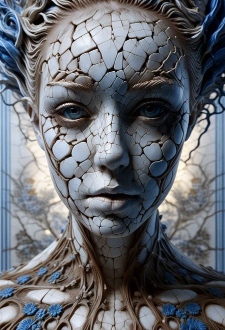 Close-up porcelain face, mysterious silhouette of a porcelain woman in worn down porcelain clothing, white and blue porcelain, alluring goddess, by Minjae Lee, Carne Griffiths, Emily Kell, Steve McCurry, Geoffroy Thoorens, Aaron Horkey, Jordan Grimmer, Greg Rutkowski, amazing depth, double exposure, surreal, geometric patterns, intricately detailed, bokeh,  perfect balanced, deep fine borders, artistic photorealism , smooth,  great masterwork by Suiras  <lora:add-detail-xl:2>  <lora:Double_Exposure:0.5>