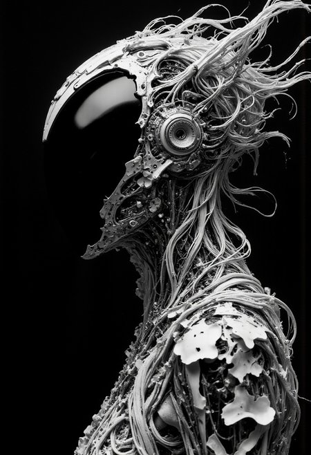 A hyperdetailed hyperrealistic moody photorealistic Portrait of a Woman, an analog Photography with deep depth that feels Like A surreal and hyperdetailed Monochrome Line artwork made of lines, created entirely from unbroken bold, flowing thick lines, forming an optical illusion. The image depicts a close-up portrait of a faceless ethereal being, with a busty figure and long, flowing hair seamlessly integrated into the linework. The head is a smooth, black shiny polished orb in place of a face, surrounded by black and white hues. The lines weave together to create intricate patterns and cinematic depth, drawing the viewer's eye through the composition with hypnotic precision, resembling a cyclops-like presence.