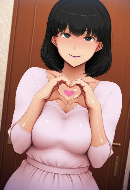 , 1girl, solo, medium build, medium hair, sfw, safe for work, covered skin, flowy dress,  black eyes, purple lipgloss, smiling, portrait, upper body, heart hands, mature female, foreshortening, detailed, newest, shiny skin, cowboy angle, solo focus, medium breasts, amagasa