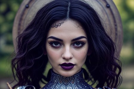 masterpiece, best quality, (colorful), cinematic lighting,  realistic, battlefield besides the dark waters of a misty fjord, beautiful valkiria, wavy dark hair, plate armor, ornate carapace, long sword, wooden shield, 
dynamic pose, extremely detailed, beautiful detailed face, medium breasts, braless, no bra, cleavage, nipslip, at dusk, slanted sunrays, pale skin, detailed skin, dark makeup, black mascara, black lipstick, EyeDetail, perfect detailed eyes, long eyelashes, black eyeliner, kawaii makeup , subsurface scattering, remarkable color, ultra realistic, textured skin, remarkable detailed pupils, realistic dull skin noise, visible skin detail, skin fuzz, dry skin, bokeh, sharp focus on subject,