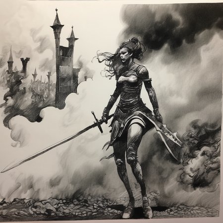 drawix20 girl warrior on the battlefield in the background of smoke and knights, very detailed, black ink <lora:drawix20:1>