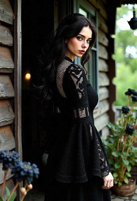 Extremely photorealistic photography of A Gothic woman with dark tones and intricate details, dressed in a bohemian crochet dress with voluminous bell sleeves. The rustic wooden house setting is illuminated by dramatic, high-contrast lighting, creating a moody, mysterious atmosphere. Black flowers and wilted blooms add to the textured, haunting beauty of the scene.

The woman turns her head quickly to one side, as if something caught her attention.







