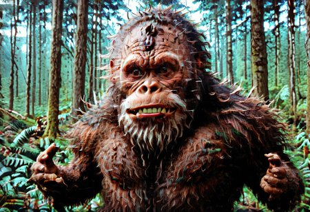 close up shot, face portrait, highly detailed, dynamic composition, mysterious Bigfoot in the pacific northwest, peeking out with a big smile, funny face, tongue sticking out, hands raised by his ears, palms out.  <lora:Glitch Style:1> glitch, flickering, digital, glitch style <lora:detailed_notrigger:1> <lora:Sasquatch_Big_foot:1> sasquatch, bigfoot, humanoid creature, wild reddish-brown fur, sharp white beard <lora:zavy-cntrst-sdxl:.8> dark, chiaroscuro