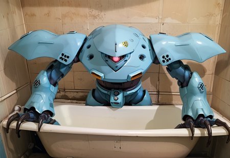 score_9, score_8_up, score_7_up, source_anime, front view, BREAK, ( hygogg, blue_hygogg_armor, pink monoeye, looking at viewer, leaning forward, long arms, hands on edge of tub, long claws) 1mech, wide mech, large shoulders, large shoulder armor, mech focus, solo, BREAK, bathroom, hygogg in bathtub