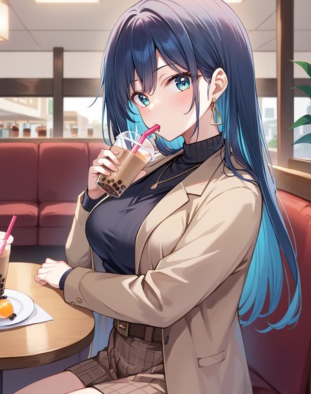 touko_sakurajima, multicolored hair, long hair, black hair, blue hair, aqua eyes,  jewelry, earrings, holding, breasts,date clothes, black sweater, belt, plaid skirt, brown skirt, necklace,jacket, jacket on shoulder, open jacket,   BREAK indoors, restaurant, BREAK bubble tea, sucking straw, holding bubble tea, from side,  looking at viewer BREAK score_9, score_8_up, score_7_up, source_anime ,zPDXL,<lora:touko_sakurajima:0.8>