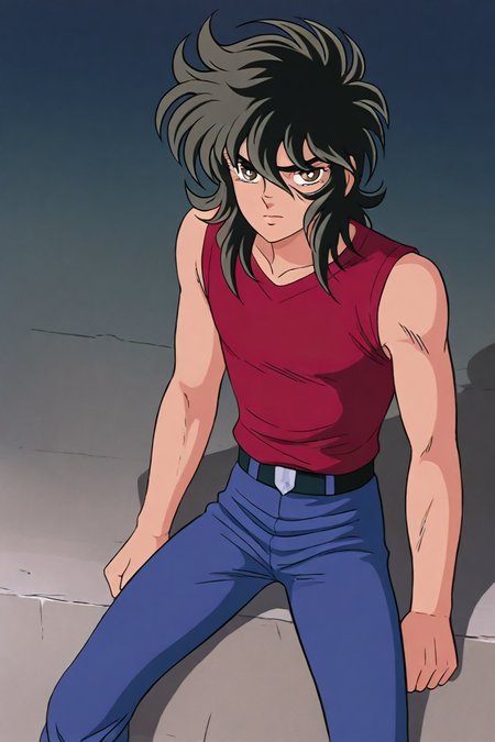 1boy, solo, alone,  brown eyes, black hair, red shirt, sleeveless shirt, blue pants, <lora:saint_seiya_style_illustriousXL:0.8>, saint_seiya_style, masterpiece, highres