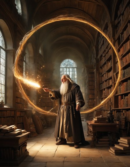 by Adi Granov and Filippino Lippi, hyper realistic full view photo of  a (wizard casting spells in a ancient library:1.1),  (majestic , circular , diaphanous , ethereal , masterful:1.4), bold lines, hyper detailed, award winning, limited color palette, high contrast, depth of field, (intricate details, masterpiece, best quality:1.4)

dramatic cinematic lighting, film grain, looking at viewer, dynamic pose, wide angle panoramic view,

<lora:add-detail-xl:0.5> <lora:xl_more_art-full_v1:0.5> <lora:looking_at_viewer:2>