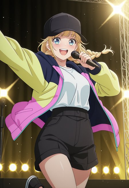 highres, best quality, masterpiece, stage lights, light particles, 
anime screencap,
1girl, solo, prpkeiko, blonde hair, twin braids, blue eyes,
multicolored jacket, hood, open jacket, baseball hat, black headwear, white shirt, shirt tucked in, black shorts,
looking at viewer, blush, smile, upper teeth only, 
standing, leg up, outstretched arm, holding microphone,
<lora:_eiko_tsukimi-elesico-ilxlA:1>