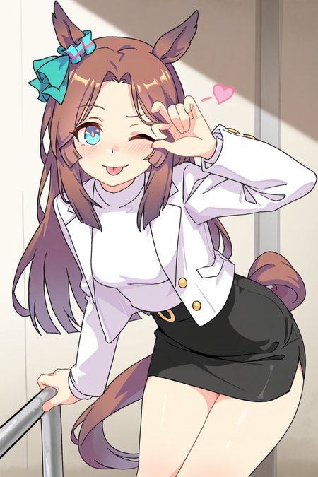 masterpiece, best quality, amazing quality,
 <lora:Lango_IL:1> lango, 1girl, solo, animal ears, horse ears, one eye closed, tongue, tongue out, horse tail, tail, blue eyes, horse girl, skirt, black skirt, looking at viewer, jacket, ;p, white jacket