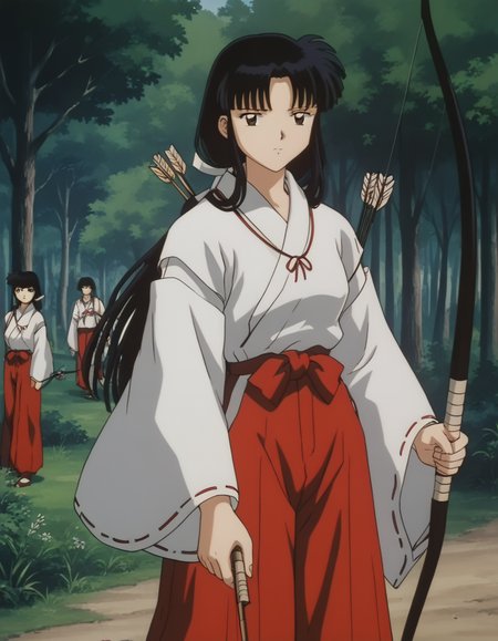score_9, score_8_up, score_7_up, source_anime,
inuyashakikyou, <lora:inuyasha-kikyou-ponyxl-lora-nochekaiser:1>,
kikyou, long hair, black hair, brown eyes, sidelocks, himecut, retro artstyle,
skirt, long sleeves, japanese clothes, hakama, hakama skirt, miko, red hakama,
outdoors, forest, nature, holding, weapon, holding weapon, bow \(weapon\), arrow \(projectile\), holding bow \(weapon\), aiming, holding arrow, drawing bow, archery,
looking at viewer,
