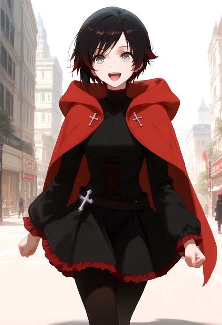 score_9, score_8_up, score_7_up,  solo, ruby rose,short hair, black hair,multicolored hair,cloak, cross,hood, black skirt ,black pantyhose, happy, running, buildings, city, day, mouth closed