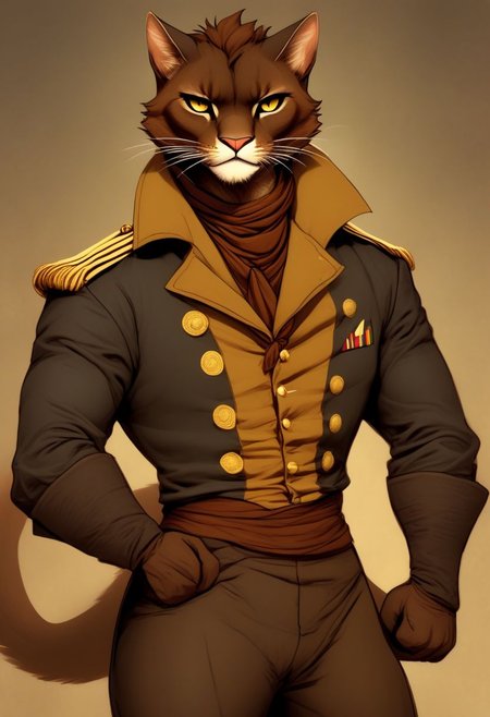 A short haired tabaxi man, sailor captain uniform, Dark brown and tan fur, Commanding, leader, confident, dancer, elegant, fit, thin puma