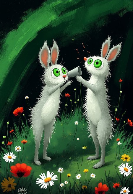 A whimsical illustration of impossibly tall rabbits with enormous emerald eyes reflecting constellations in dark whimsical art style, peering through telescopes made of curved mushrooms and starlit flowers, their spiky fur crackling with cosmic energy, digital painting with mystical brushstrokes, red poppies and white daisies floating in zero gravity, deep space background with northern lights, characteristic Tim Burton inspired design with eyes containing mapped star charts