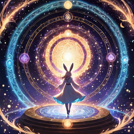 score_9,score_8_up,score_7_up, 
(Solo), full body, haru, furry female anthro, white fur, rabbit girl, black eyes, (shirt), cute round face, happy,
very aesthetic, intricate details,
ritual, many magic circles, magic array, magic circles sidelighting, light particles, abstract, beautiful, Expressive,lmao
swirling magic, swirling energy, pulsating aura, mystic symbols, glowing runes, shimmering particles, 
swirling leaves,